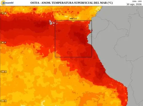 SENAMHI-Karte der Meeresoberflächentemperatur vor Peru – El Niño 2026