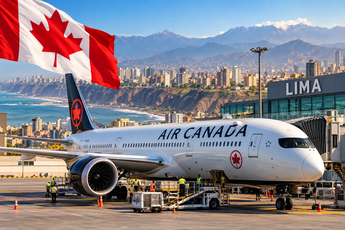 KI-generierte Illustration eines Air-Canada-Flugzeugs am Flughafen Lima – Direktflüge zwischen Peru und Kanada