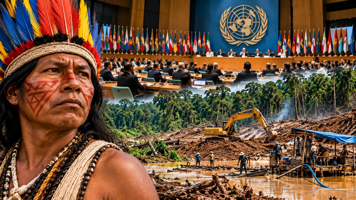 KI-generierte Illustration: indigener Amazonasbewohner, UN-Konferenz und illegaler Goldabbau im Regenwald
