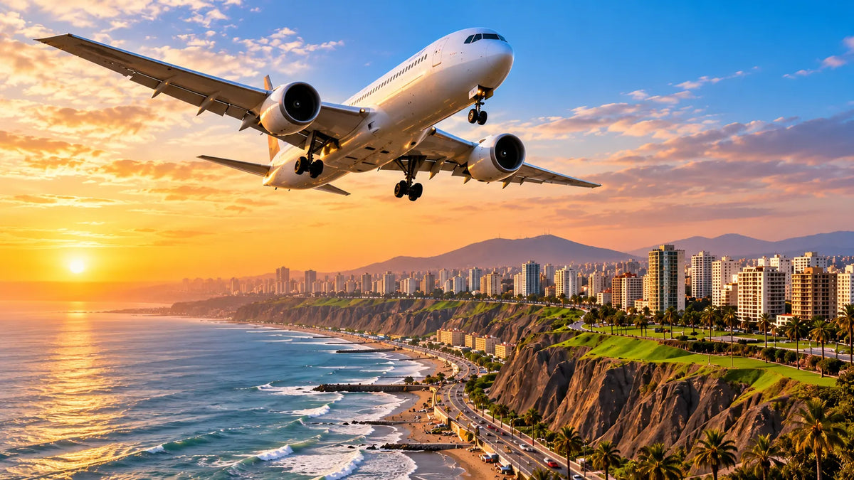 KI-generierte Illustration eines Passagierflugzeugs über der peruanischen Küste bei Sonnenuntergang