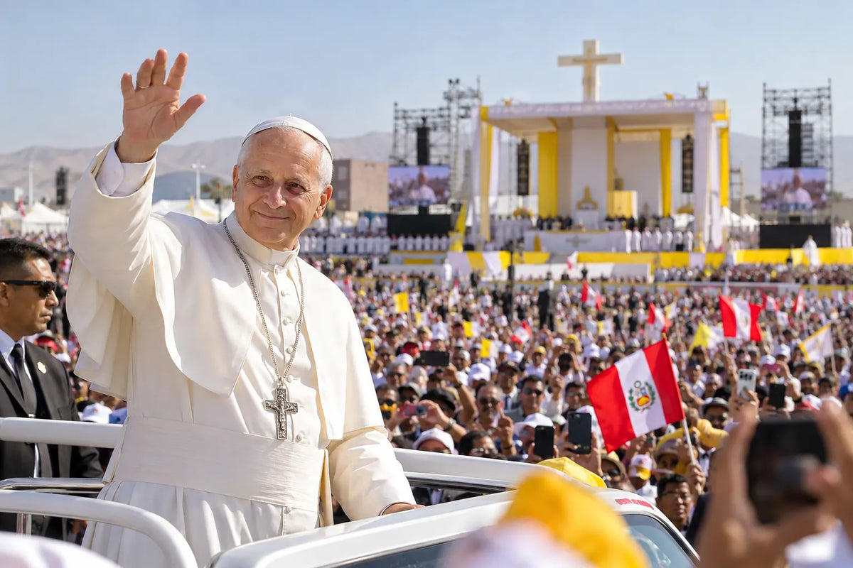KI-generierte Illustration einer Papstmesse mit großer Menschenmenge und peruanischen Flaggen