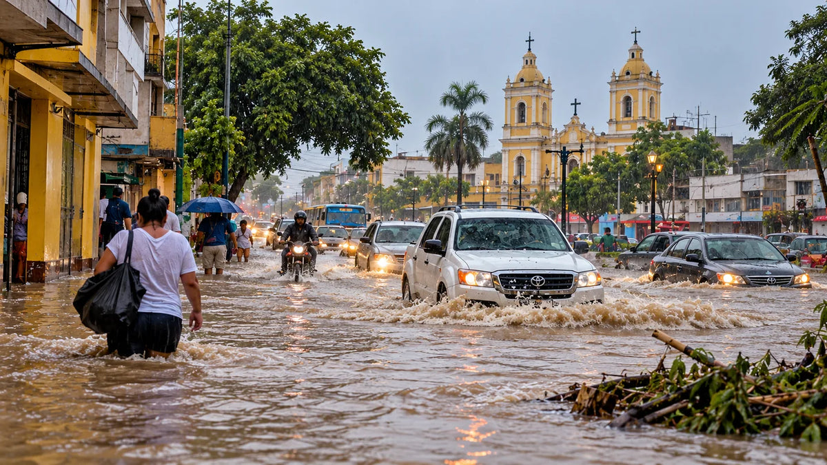 KI-generierte Illustration einer überfluteten Straße in Piura bei Starkregen