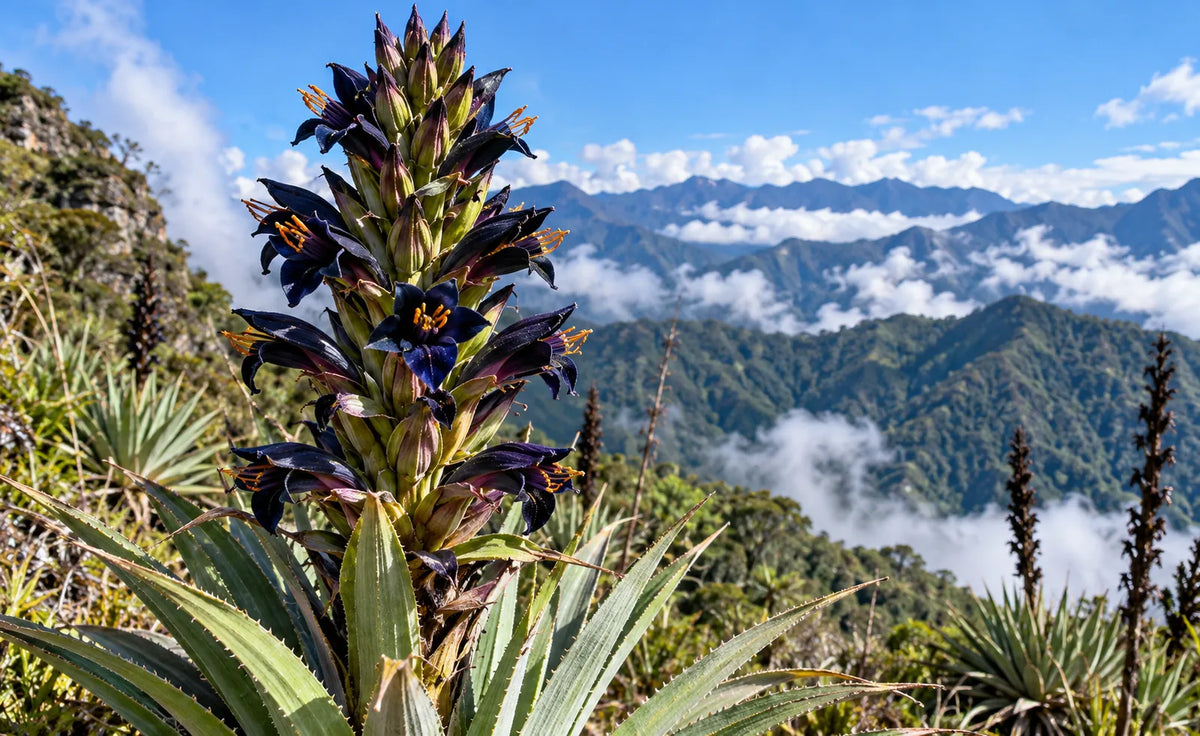 KI-generiertes Symbolbild einer Bromelie mit dunkelblauen Blüten in den Anden; kein authentisches Foto von Puya ukumari