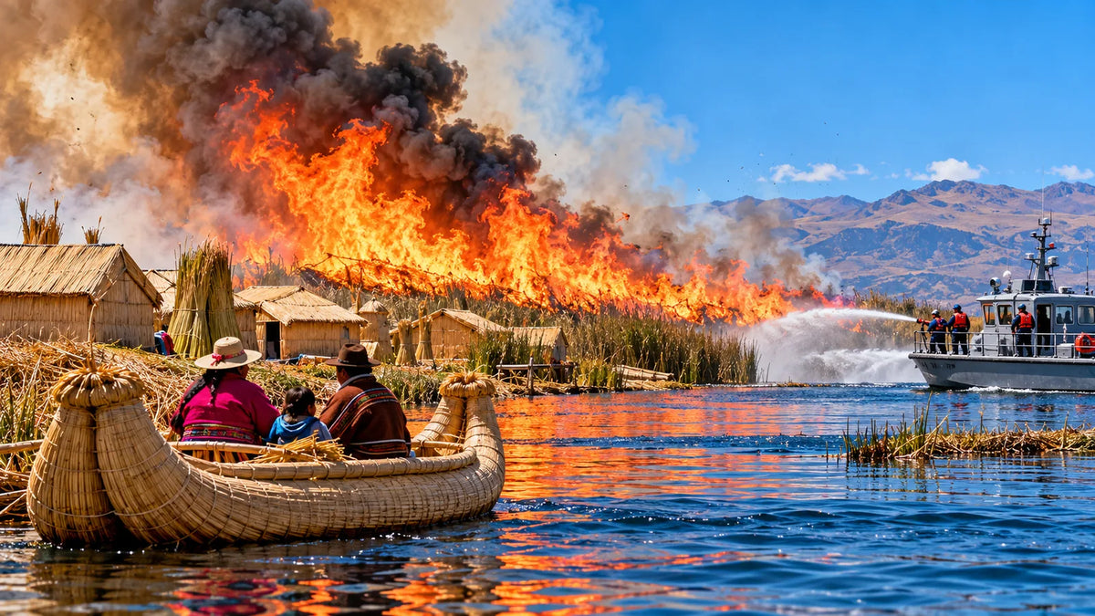 KI-Illustration des Schilfbrands am Titicacasee mit Löscheinsatz der Marine