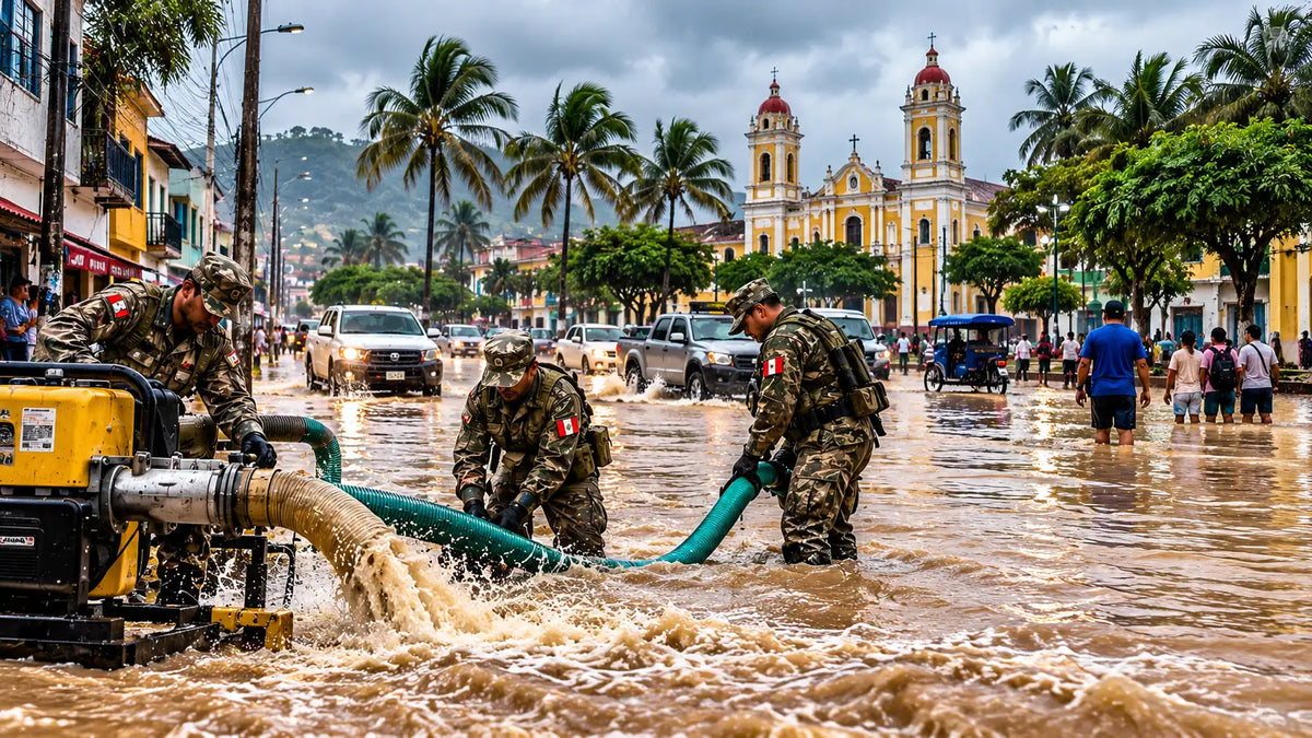 KI-Illustration: Soldaten pumpen Wasser aus überfluteter Straße in Nordperu