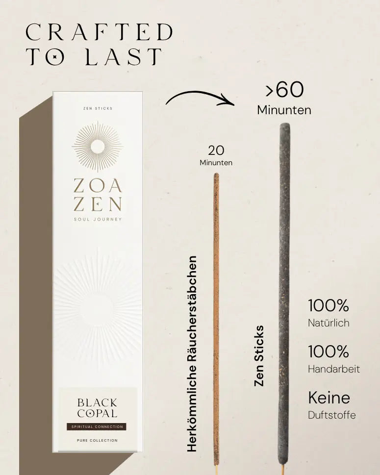 ZoaZen Black Copal Räucherstäbchen – Produktbild 7 mit handgerolltem Räucherwerk