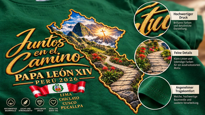 Juntos en el Camino T-Shirt Peru 2026 – Ansicht des bedruckten Herren-Shirts