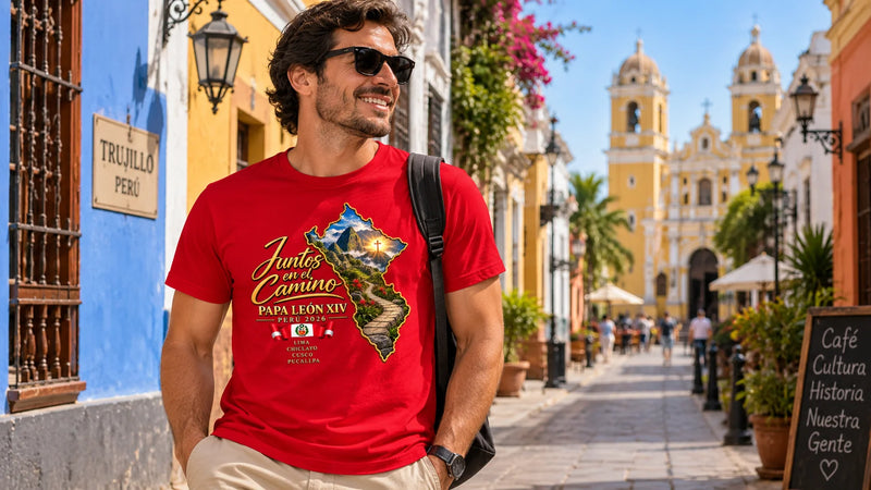 Herren-Shirt Peru 2026 mit Andenlandschaft, Kreuz und peruanischer Flagge – Produktaufnahme