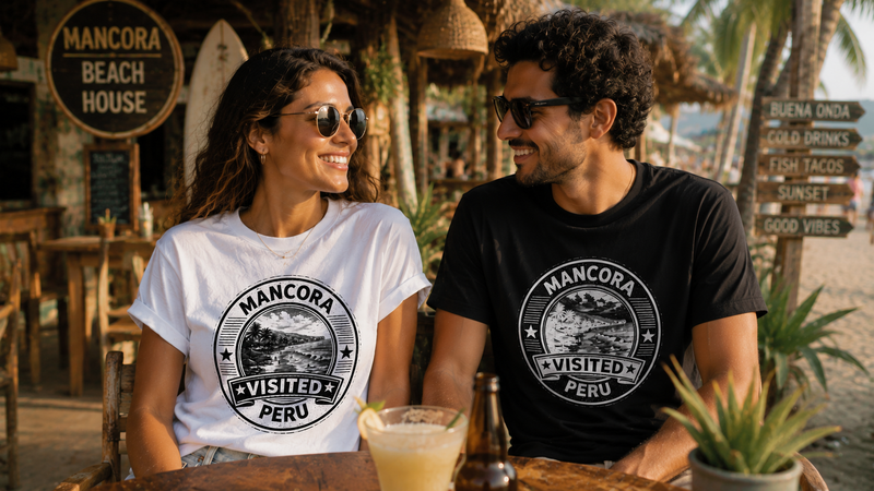 Mann und Frau mit Visited Máncora T-Shirts in Nordperu