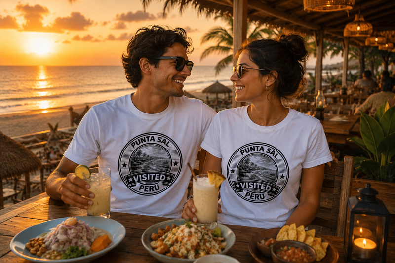 Mann im grünen Visited Punta Sal T-Shirt vor tropischer Küstenkulisse