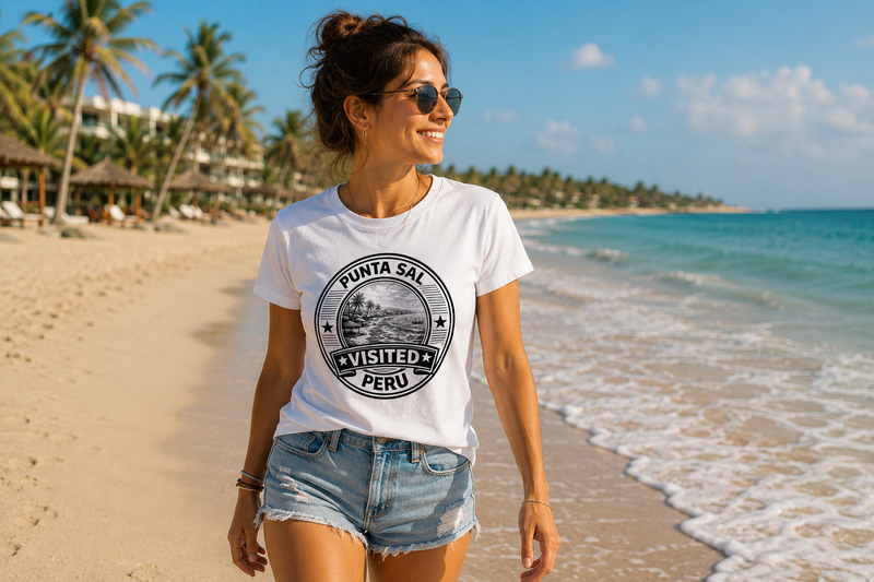 Frau im weißen Visited Punta Sal T-Shirt am Strand von Punta Sal