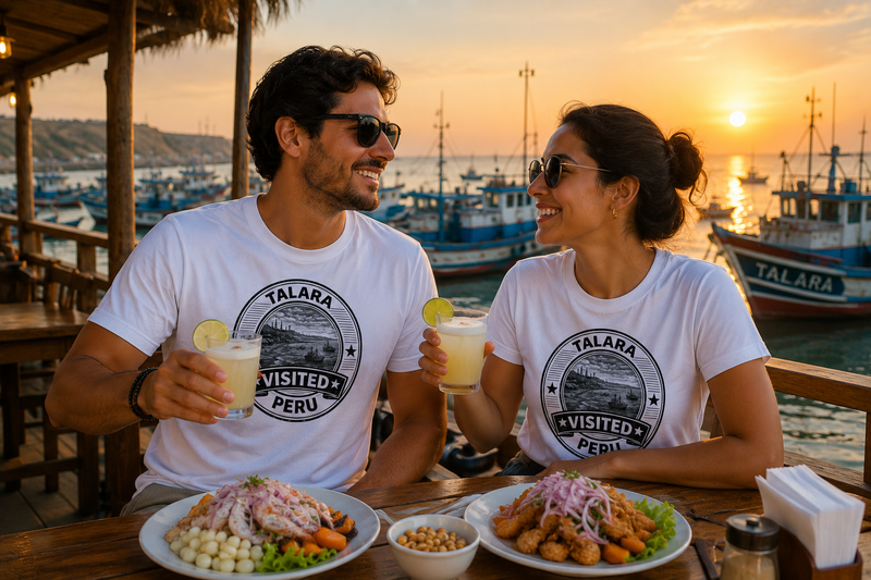 Frau im weißen Visited Talara T-Shirt vor einer Küstenlandschaft
