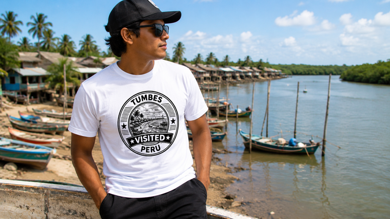 Mann im grünen Visited Tumbes T-Shirt vor Mangrovenlandschaft