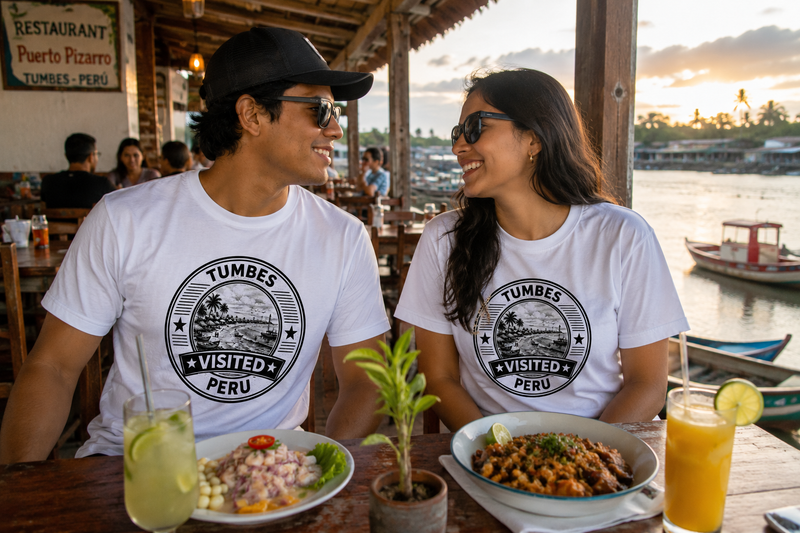 Mann und Frau mit Visited Tumbes T-Shirts in Nordperu
