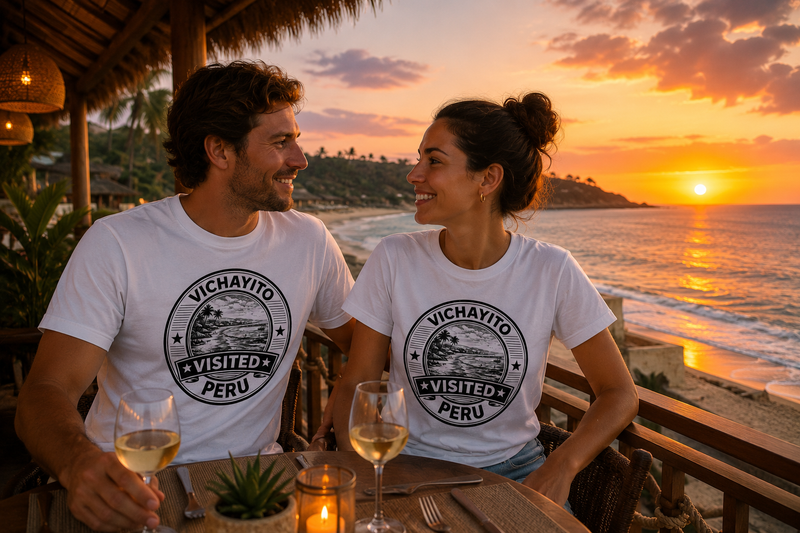 Mann im grünen Visited Vichayito T-Shirt vor nordperuanischer Küstenlandschaft