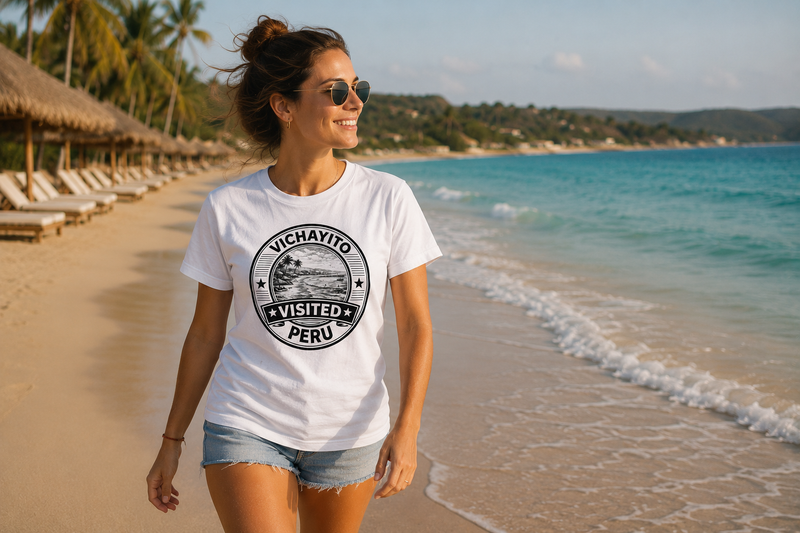 Visited Vichayito T-Shirt als Hauptbild mit Strandkulisse in Nordperu