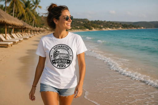 Visited Vichayito T-Shirt als Hauptbild mit Strandkulisse in Nordperu