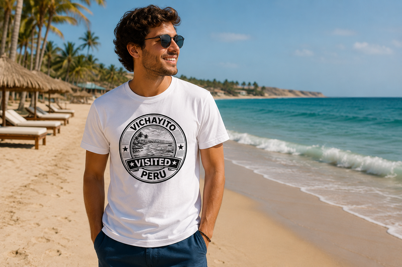 Frau im weißen Visited Vichayito T-Shirt am Strand von Vichayito