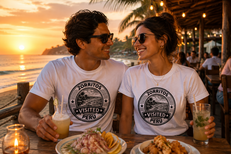 Mann im grünen Visited Zorritos T-Shirt an der Küste von Tumbes