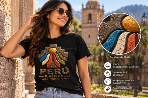 RAÍCES PERÚ T-Shirt – schwarzes Heavyweight-Shirt mit farbigem Peru-Motiv