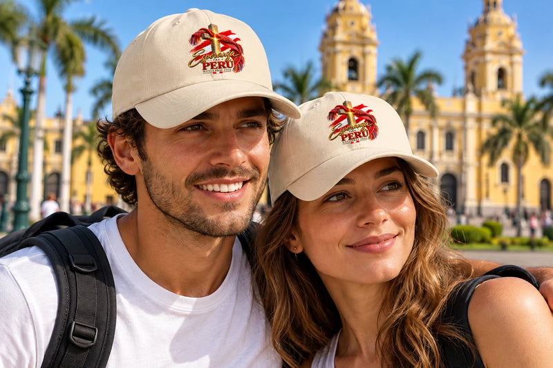 Esperanza para Perú Dad Cap – Verkaufsfoto mit zwei Modellen