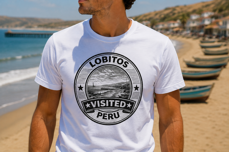 Nahaufnahme des Visited Lobitos T-Shirt-Motivs vor der Küste von Lobitos