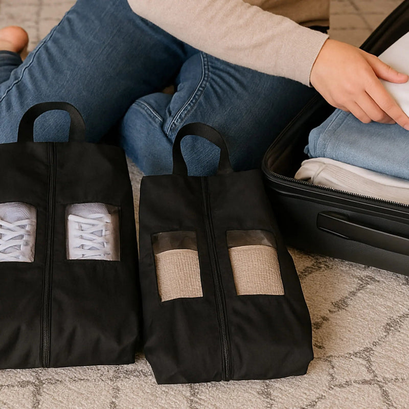 TRAVEL DUDE Schuhbeutel-Set – zwei Schuhtaschen aus recyceltem PET, Farbe Schwarz, Produktansicht 4 von 8